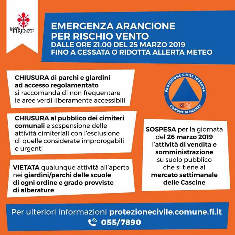 Vento Firenze allerta protezione civile giardini scuole mercato Cascine